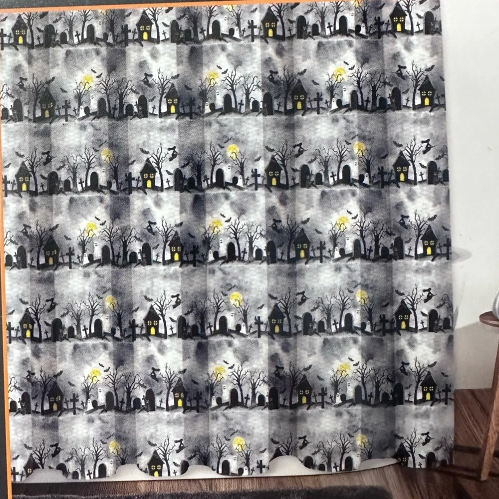 Spooky Lane Halloween Haunted House Graveyard Shower Curtain - Black and Yellow